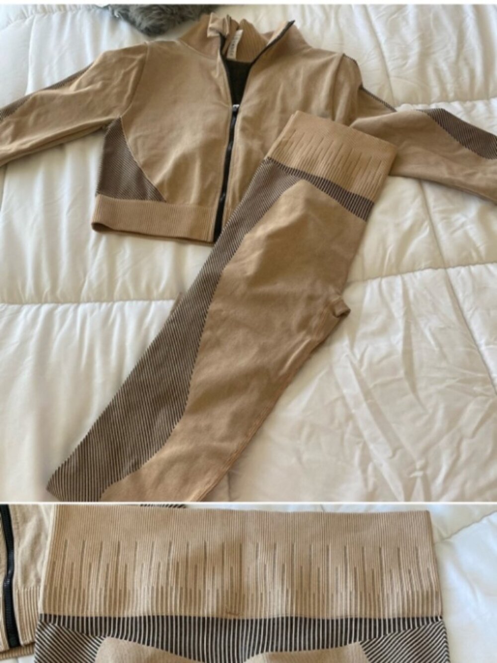 Women’s Sand Tan 2-Piece Gym Set – Matching Leggings & Zip Jacket – Size Medium